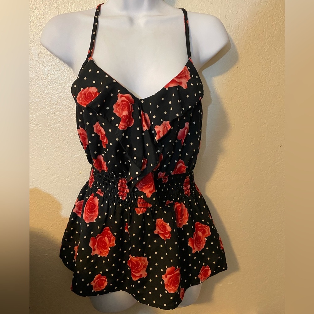 Peplum tank top black white polka dots red roses
